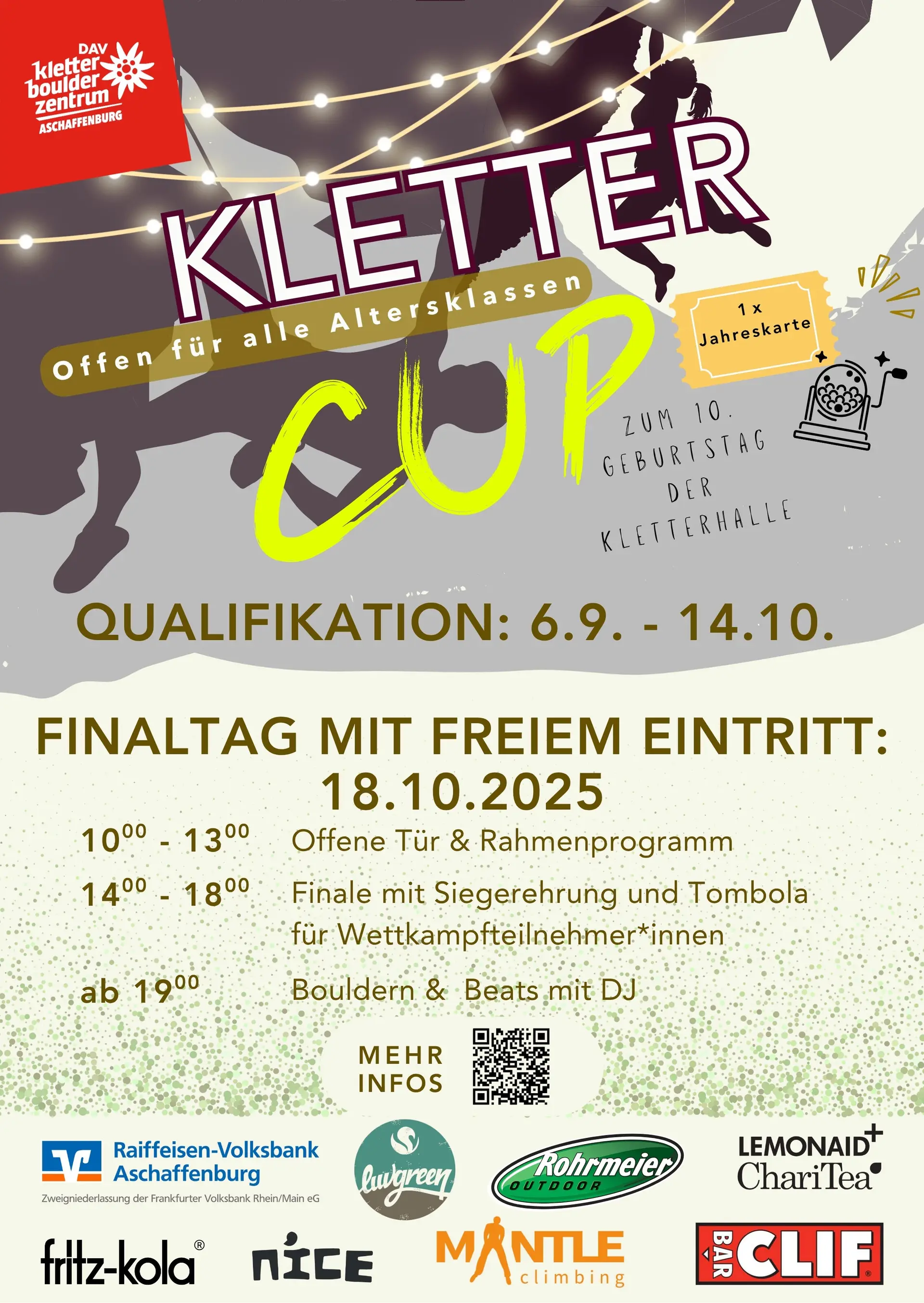 Plakat zum 10-jährigen Jubiläum des Kletterzentrums Aschaffenburg mit Informationen zum Kletter Cup vom 6. September bis 14. Oktober und Finaltag am 18. Oktober 2025 mit freiem Eintritt, Programmzeiten und Sponsorenlogos. | © DAV AB